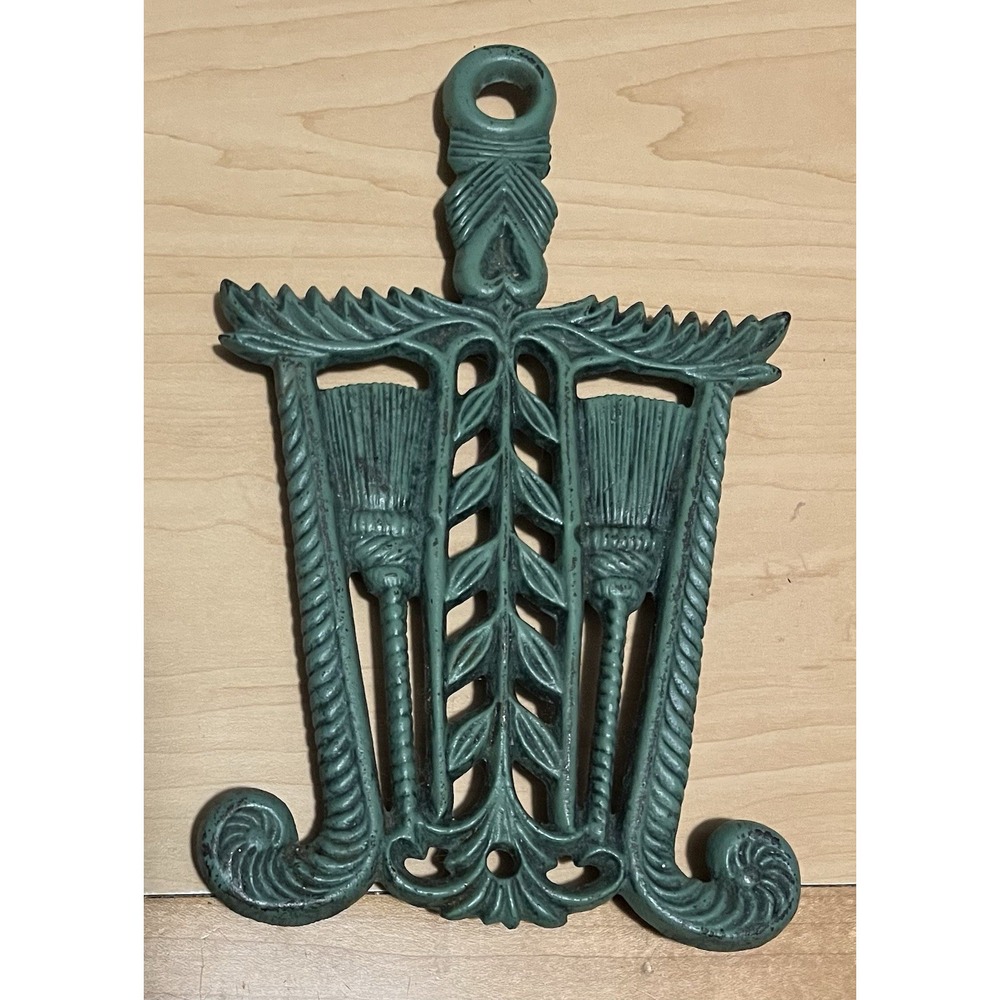 Vintage Cast Iron Trivet Broom Wheat Motif Teal Green Decorative Wall Hanging